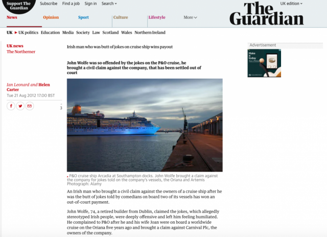 The Guardian: Irishman who was butt of jokes on cruise wins payout