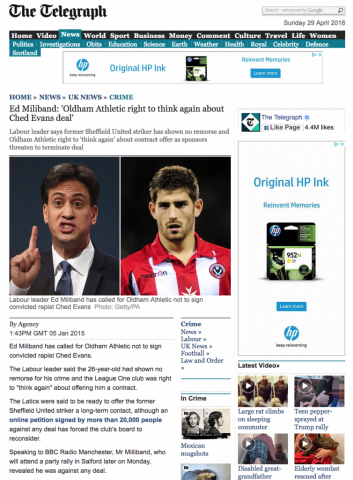 Daily Telegraph: Milliband speaks on Ched Evans