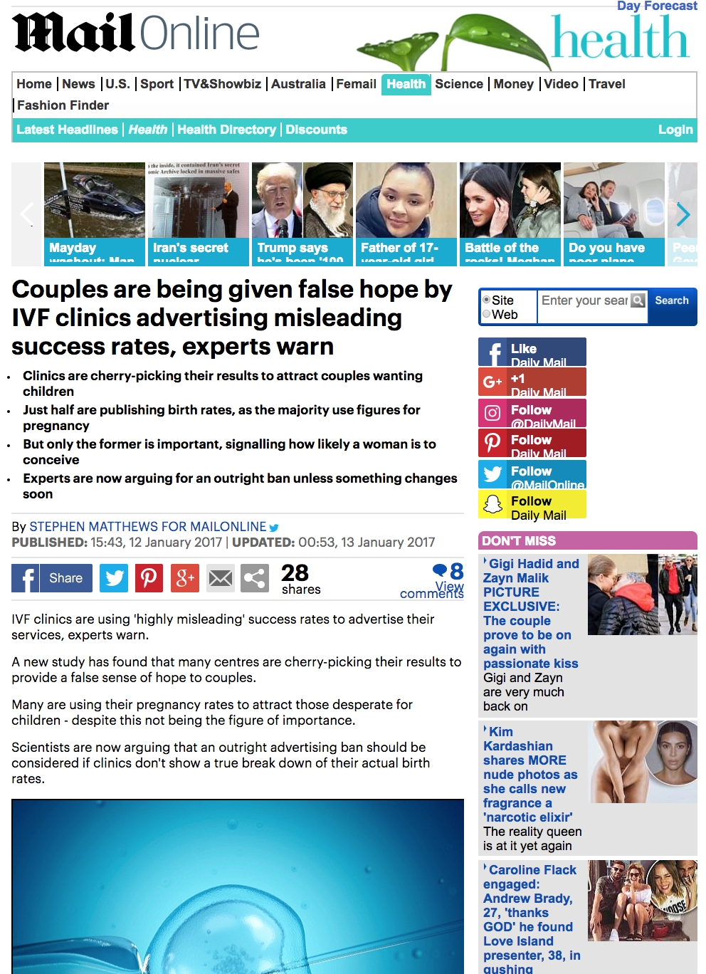 Mail Online: Couples given false IVF hope