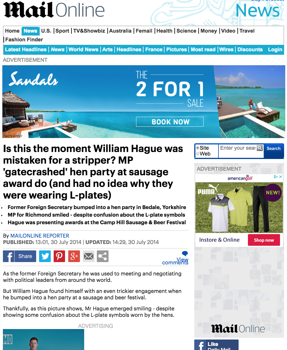 Mail Online: Hague gatecrashes hen party