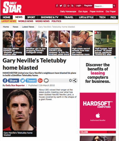 Daily Star: Gary Neville's 'Tellytubby' home blasted