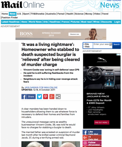 Mail Online: Homeowner cleared of fatally stabbing burglar