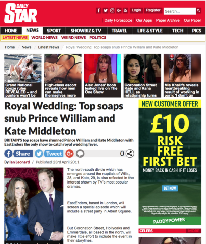 Daily Star: Soaps snub royal wedding