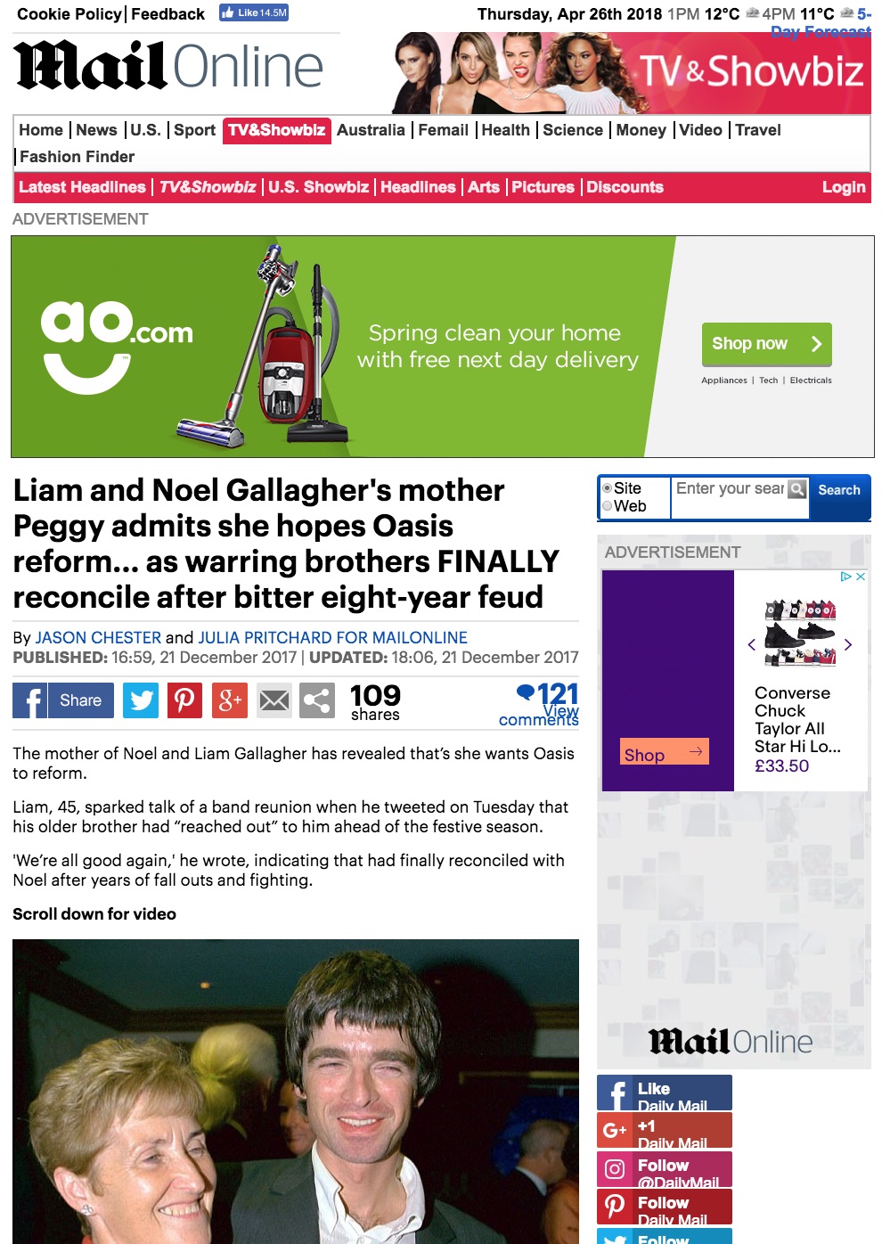 Mail Online: Gallagher's mum wants Oasis reunion